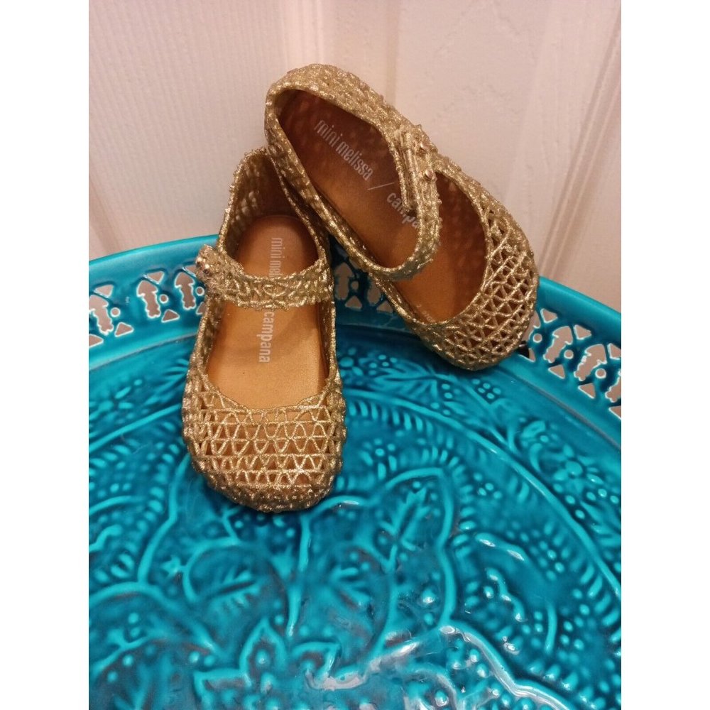 Girls Mini Melissa Gold Campana Papel Mary Jane Flats Size 8